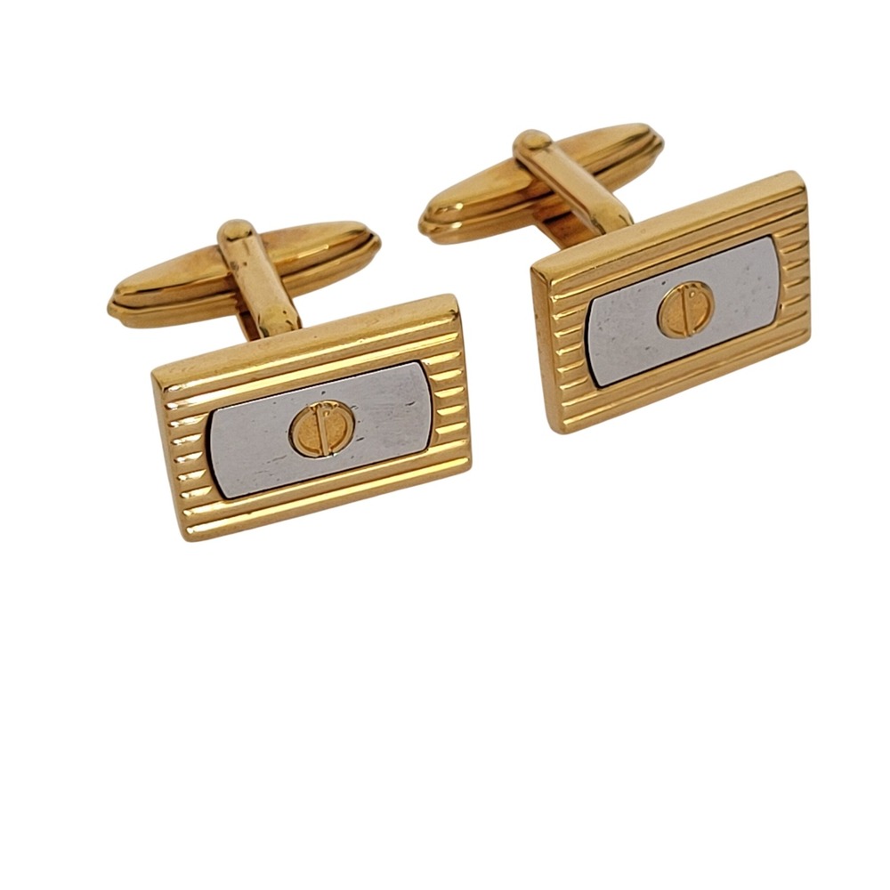 Dunhill Vintage Mens Cufflinks Two Tone Gold Silver Rectangular Ribbed Logo
